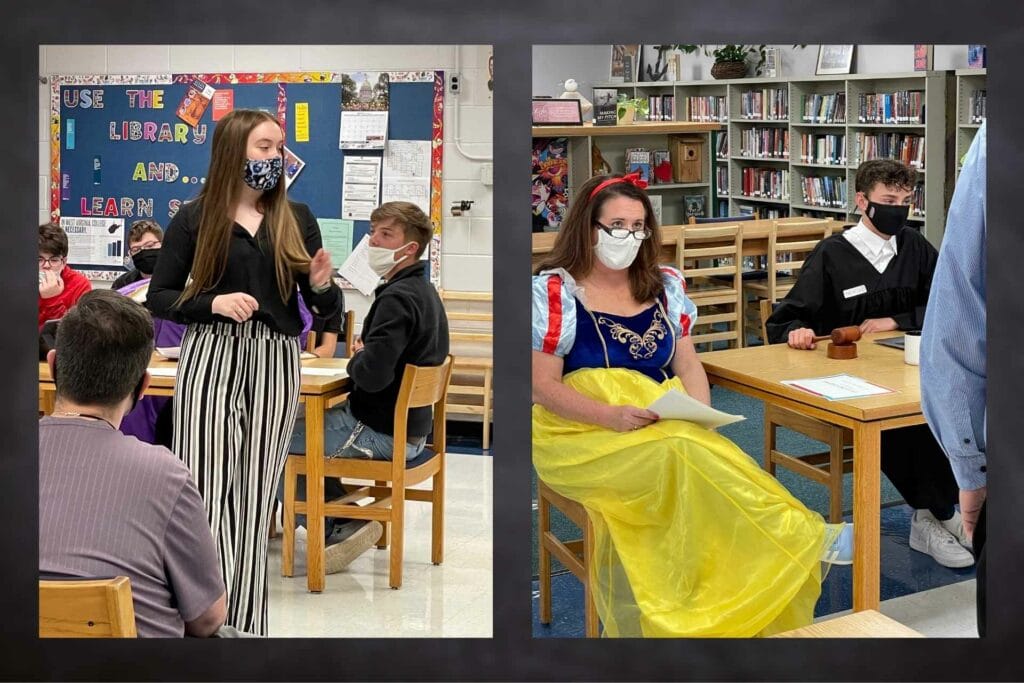Bailiff played by Alisa Compton; Snow White played by Mindy Dawson; Queen played by Angie Westfall; Queen played by Angie Westfall and Attorney played by Katie Pearson; Snow White and Judge, played by Angie Westfall and Hank Phillips.