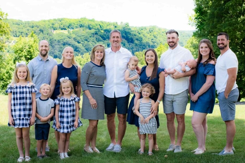 The Hostetler family includes (from left) Jason and Amy Hostetler and family, Vicky and Jeff Hostetler, Abby and Tyler Hostetler and family, and Ashley and Justin Hostetler.