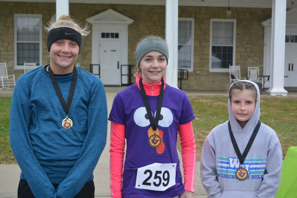 The top three female finishers in Mon Health SJMH Gobble Gallop on Thanksgiving were, left to right, first place Emily Louk, second place Audry Corrigan, and third place Georgia Lewis.