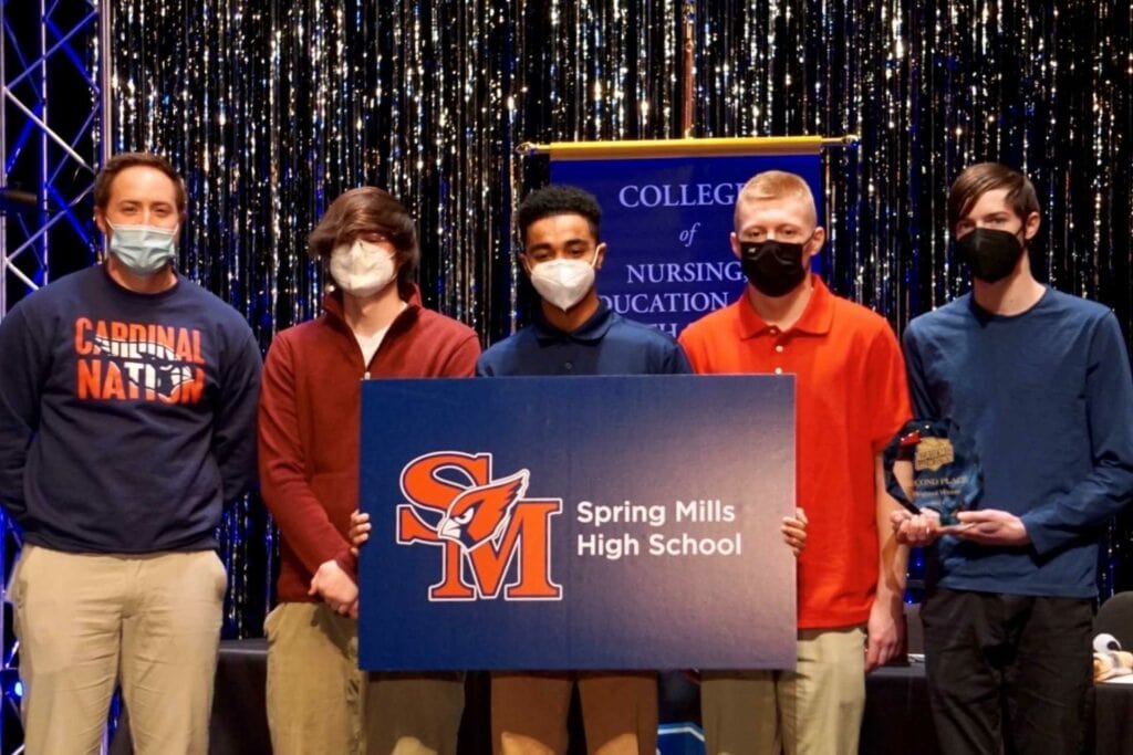 Second Place Spring Mills High School (l-r):  Matthew Grogg (teacher, team coach), Calder Funk, Satchel Crockett (team captain), Andrew Davis, McPherson Stone