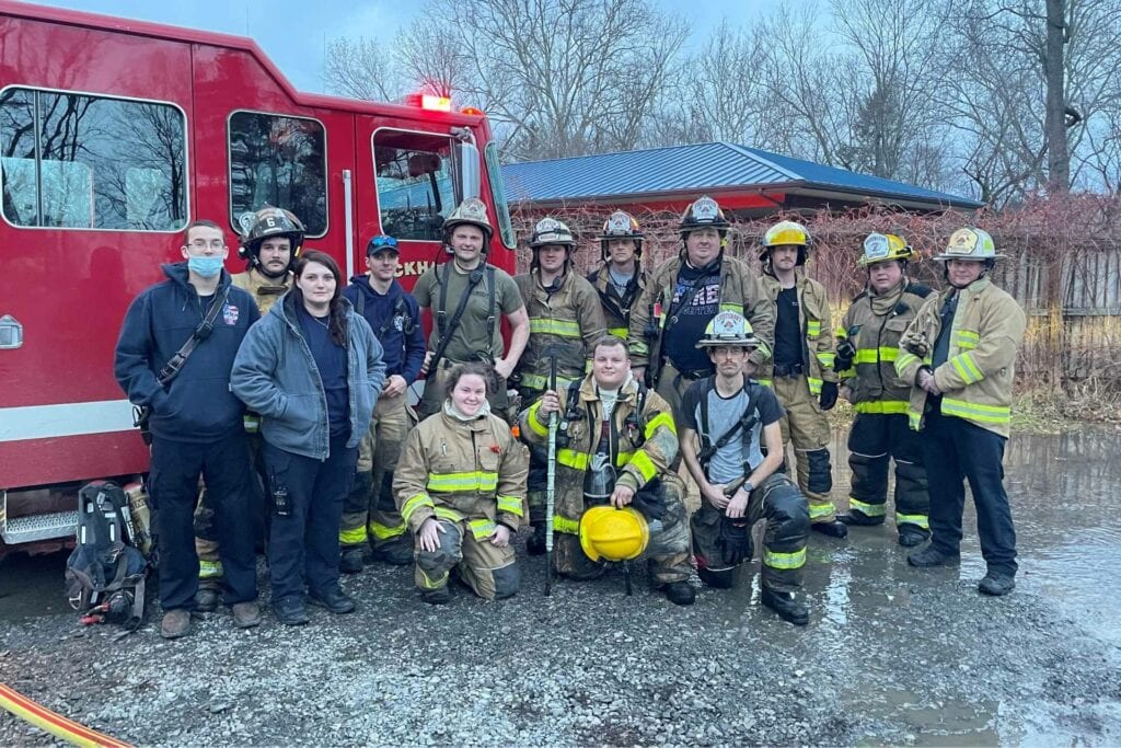 Members of the Upshur County Emergency Squad, the Buckhannon Fire Department, the Adrian VFD, Warren District VFD, and the Washington District VFD after containing the fire. (Photo by The City of Buckhannon/Randy Sanders)